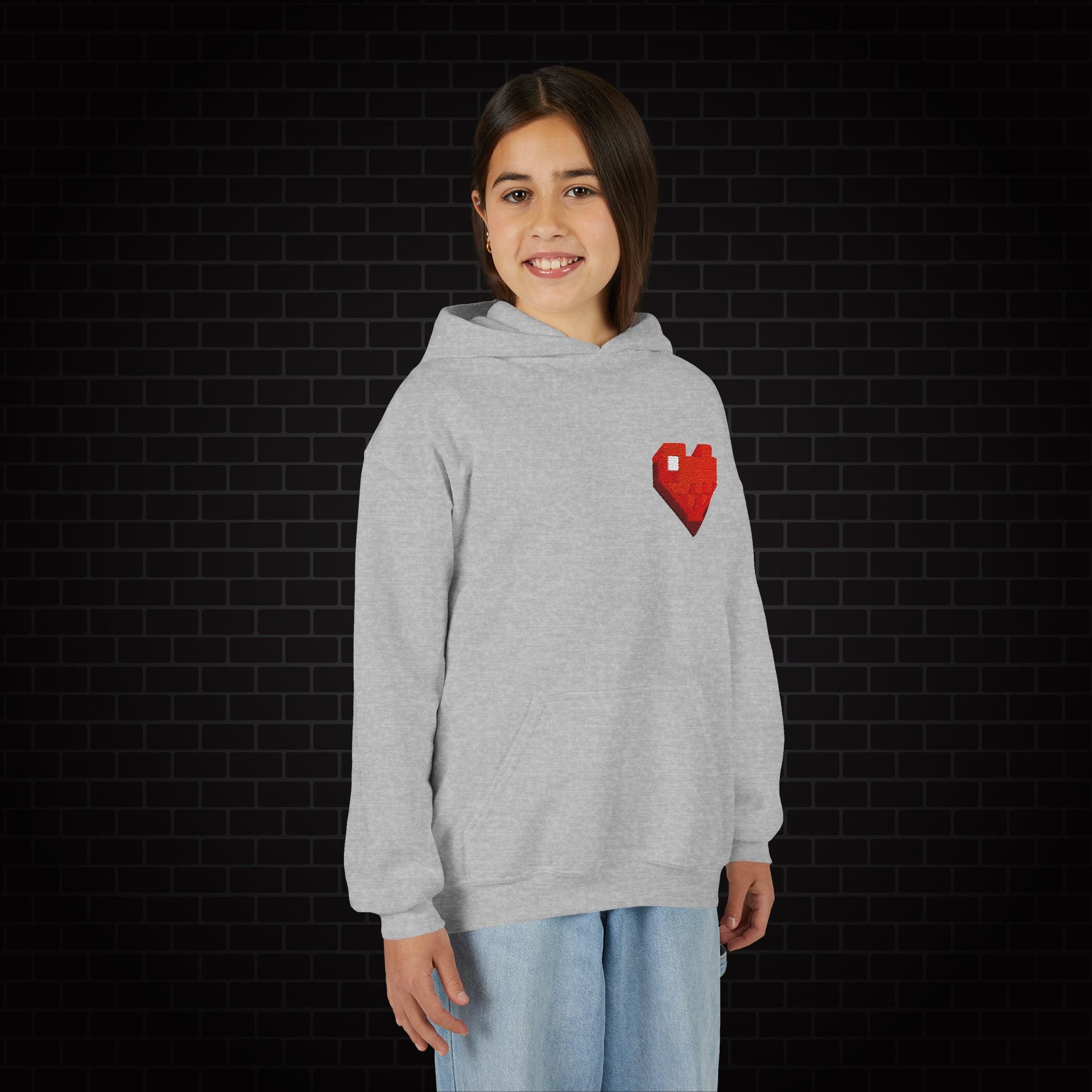 Youth Hoodie — Gamer Sweatshirt with Pixel Heart Patch
