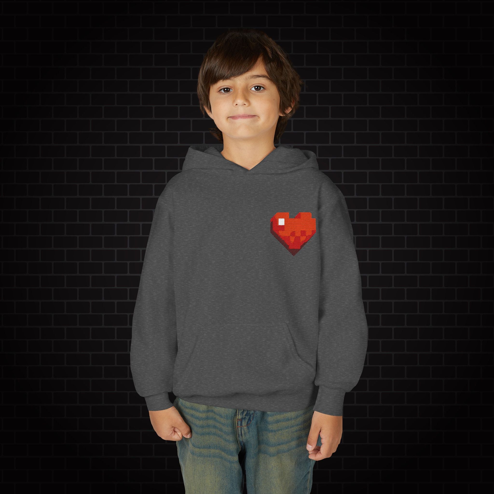 Youth Hoodie — Gamer Sweatshirt with Pixel Heart Patch